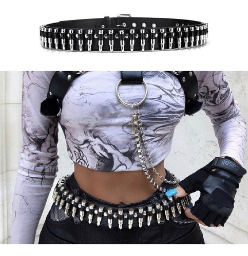 Cinturón Negro Punk Rock Con Accesorio Balas Cosplay Premium Negro Unitalla