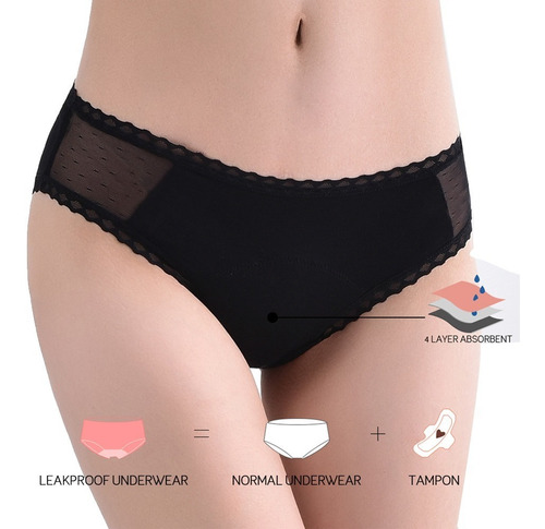 Calzón Menstrual, 4 Capas Absorbentes Reutilizable Negro 