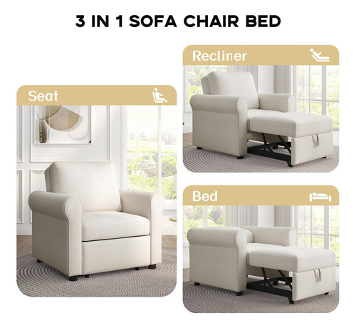 Merax White Modern Sofá Cama Convertible 3 En 1 Tumbona Blanco Diseño De La Tela