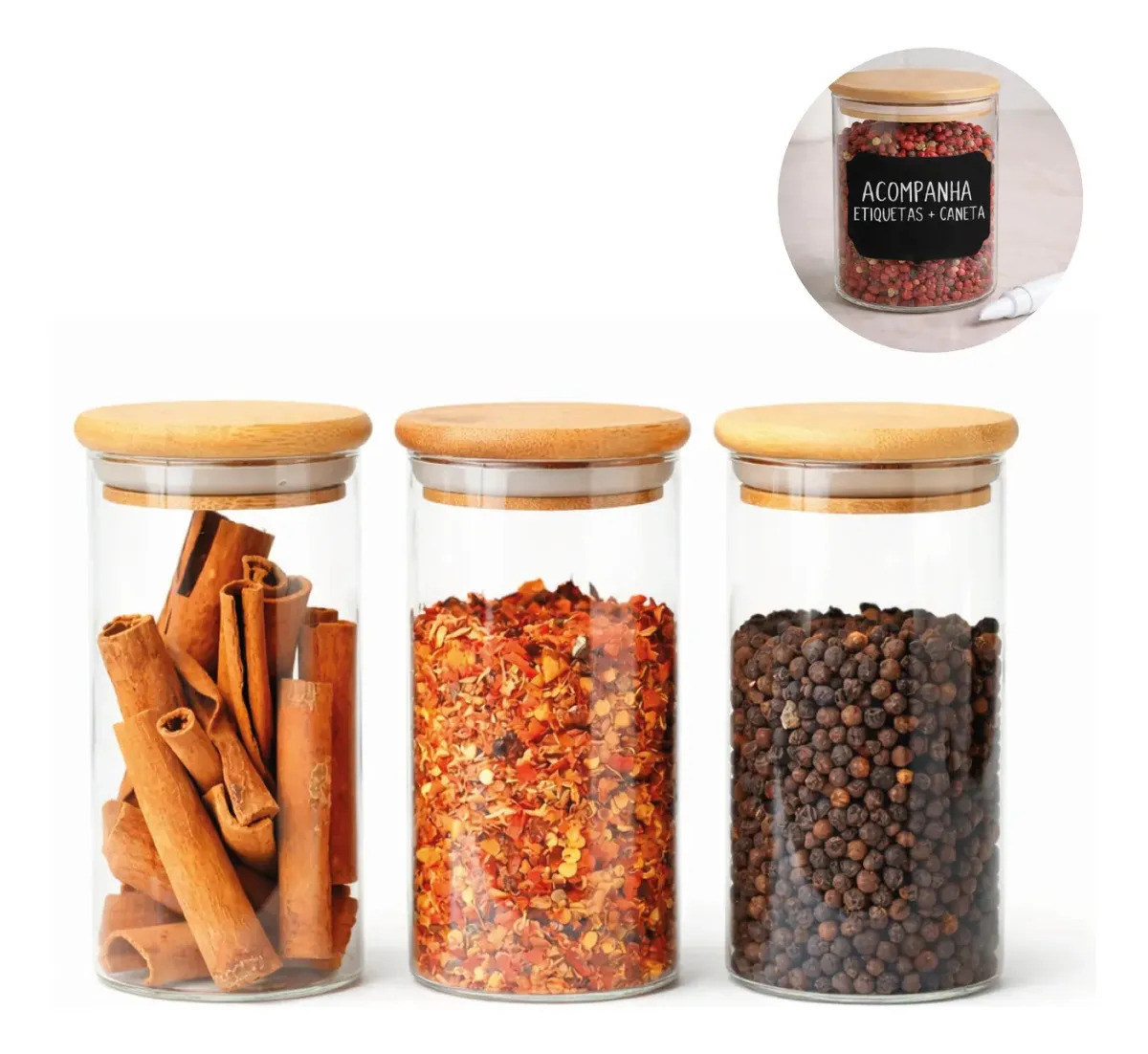 Kit  Com 3 Potes Herméticos De Vidro Com Tampa Bambu 300ml