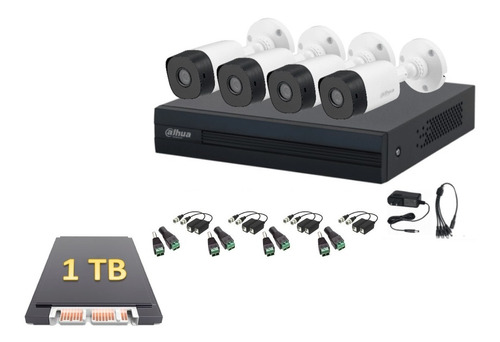 Kit De 4 Cámaras Dahua De 2 Mp B1a21 3.6mm Disco 1tb Baluns