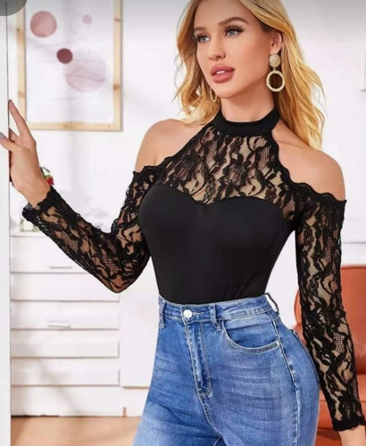 Blusa Camiseta Manga Larga Encaje Modal Combinada 