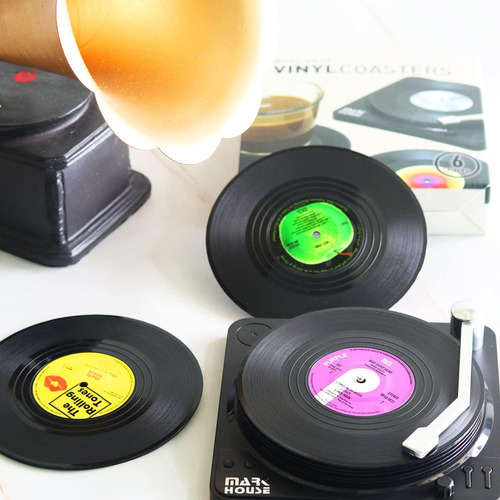 Divertidos Posavasos Retro De Vinilo Para Bebidas Con Soport