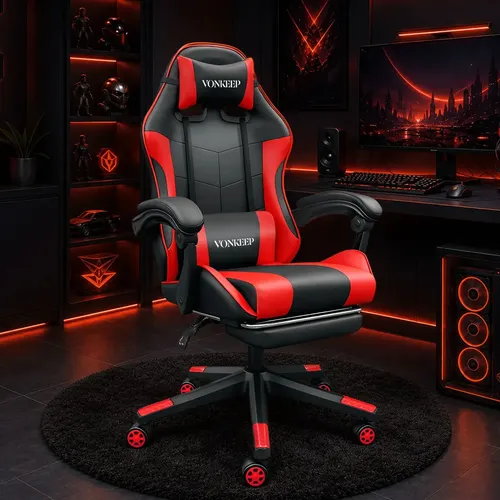 VonKeep Silla Gamer Ergonómica Oficina Roja con Reposapiés y Tira LED de 5m Reclinable Giratoria Gaming Escritorio