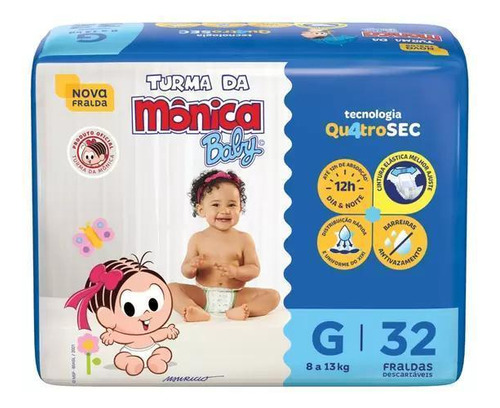Fralda Descartável Turma Da Mônica Baby G Com 32 Un