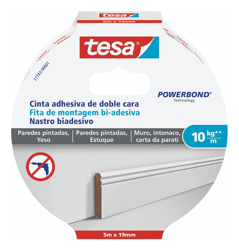 Pack X3 Cinta Doble Contacto Pared Yeso 10 Kg/m 5mx19mm Tesa