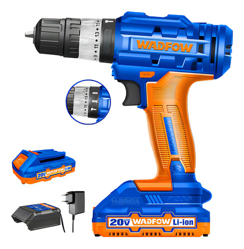 Furadeira de impacto sem fio 20v 2bat Wadfow, cor azul e laranja
