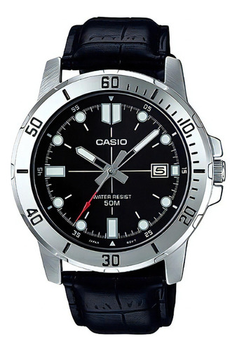 Reloj pulsera Casio Dress MTP-VD01L-1E color plateado, analógico, para hombre, fondo negro, con correa de resina, agujas color gris, blanco y rojo, dial blanco y plateado