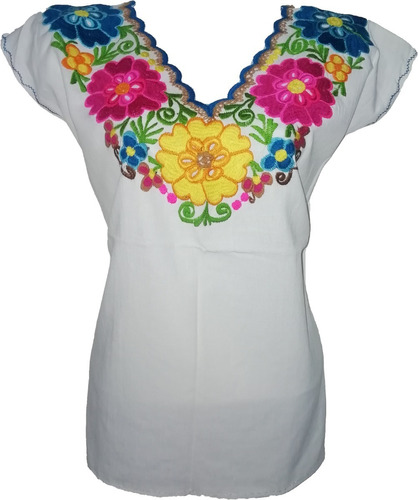 Blusa Típica Artesanal Margaritas Bordada Manta Chiapaneca