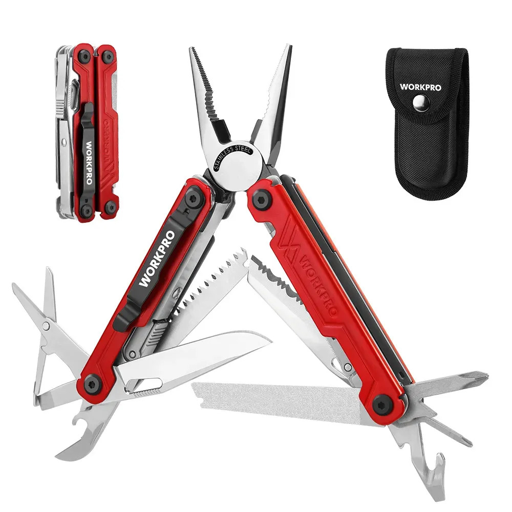 Pinza Multiherramienta 18 en 1 WORKPRO Alicate Roja, Acero Inoxidable EDC con navaja, Seguro de Seguridad y Estuche Oxford