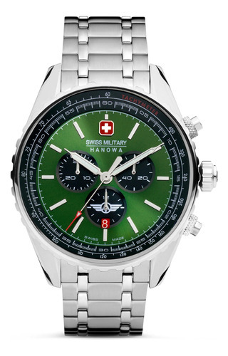 Reloj Swiss Military Smwgi0000307 Para Hombre Cronografo Color de la malla Plateado Color del bisel Gris Color del fondo Verde y Negro