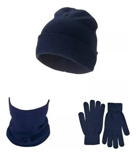 Gorro Beanie Azul Marino+guantes Lana + Cuello Polar Invieno
