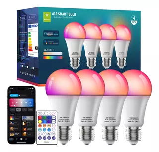 4 Focos Inteligente Led Rgbcw Wifi Bombilla Alexa Multicolor 9w E27 800lm Remoto Control De Voz Compatible Con Alexa Google Home Siri