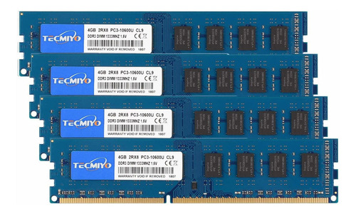 Memoria Ram 16gb Tecmiyo (4x4gb) Ddr3 1333mhz Pc3-10600 Pc3-10600u Non Ecc Unbuffered 1.5v Cl9 2rx8 Dual Rank 240 Pi