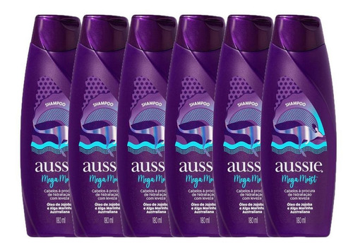 Kit Com 6 Shampoos Aussie Mega Moist Super Hidratação 180ml