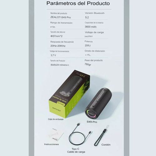 S Altavoz Bluetooth Zealot S49 Pro 20w Duradero A Prueba De