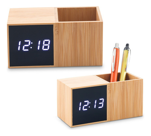 Reloj Con Portabolígrafo Bamboo Alarma Temperatura Oficina