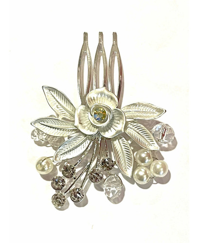 Imagen 2 de 3 de Peineta Flor, Strass Y Perlas Tocado Novia Bella