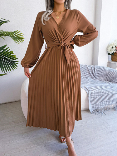 Elegante Vestido Plisado Con Cuello En V Cruzado For Mujer