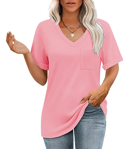 Top Casual De Verano De Manga Corta Con Cuello En V De Color
