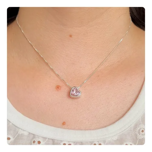 comprar Cadena Con Dije Corazón Cubic 8mm Rosa Pasante De Plata 925