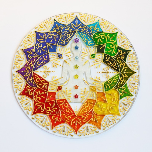 Mandala 7 Chakras Colorida Em Vidro Com 22cm, Pintura Vitral