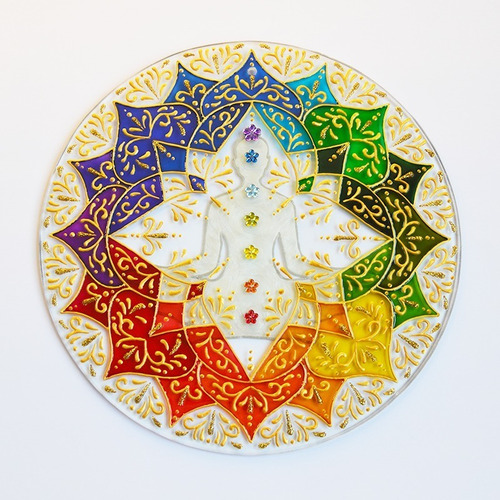Imagem 1 de 9 de Mandala 7 Chakras Colorida Em Vidro Com 22cm, Pintura Vitral