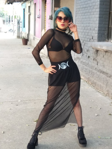 Maxi Falda Negra, Transparente, Pretina Con Lunas | Envío gratis