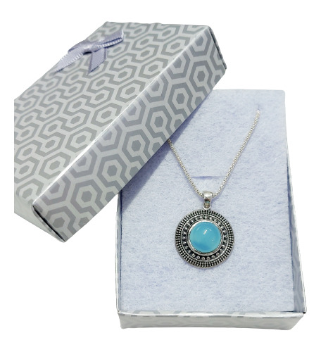 Conjunto Cadena Y Dije Plata 925 Y Piedra Ónix Cielo Aqua