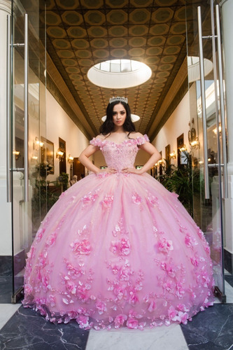 Imagen 5 de 10 de Vestido Largo De Quinceañera Flores 3d Tulle Glitter Encaje