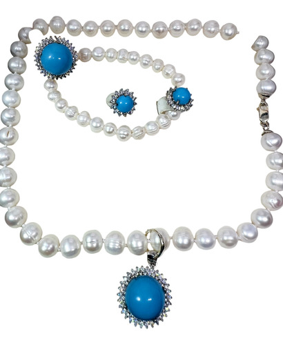 Collar Perlas Natural Condije Y Aretes Turquezas Certif