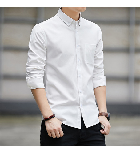 Camisa Para Hombre, Diseño De Dobladillo Con Botones, Algodó