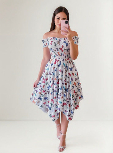 Vestido Midi Irregular Con Hombros Descubiertos 2024 Con Est