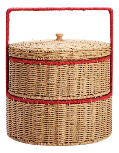 Canasta Tejida A Mano Con Mango Cesta De Picnic Doble Capa