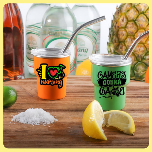 6 Vasos Pequeños Con Popote Y Tapa, Lindos Vasos Aislados De