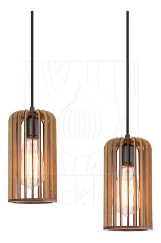 Luminária Pendente Duplo Madeira Paladio Cr Sala Jantar E27 Estrutura Rústico