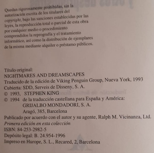 Stephen King Pesadillas Y Alucinaciones 5 (usado) Mondadori (Usado)