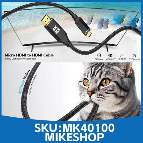 Cable Hdmi A Micro Hdmi 4k 60hz 18gbps Hdr 3d Trenzado 100cm