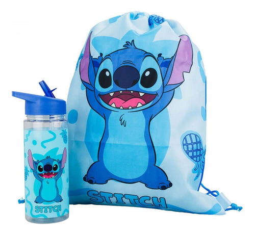 Stitch Garrafa Disney 450 Ml Mochila Sacola Stitch Azul Kit Chaveiro Emborrachado