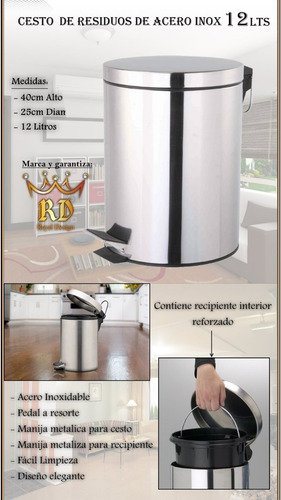 Imagen 4 de 4 de Cestos Tachos De Basura Pedal Acero 12 Lts Litros