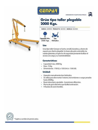Imagen 6 de 6 de Grua Hidraulica Pluma Brazo Y Ruedas 2 Toneladas Genpar .
