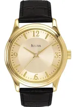 Comprar Reloj de pulsera Bulova 97A70 de cuerpo color dorado, analogo, para hombre, fondo dorado, con correa de piel color negro, agujas color dorado, dial dorado, bisel color dorado y hebilla simple