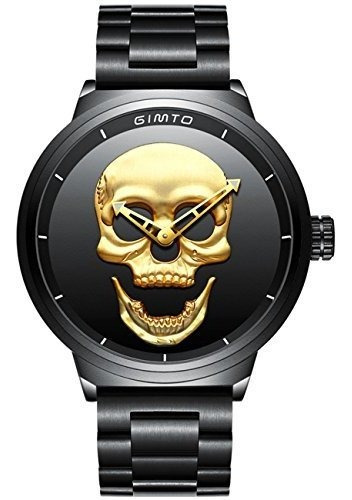 Hyk Skull Face Reloj Elegante Mens Negro Big Face Relojes Im