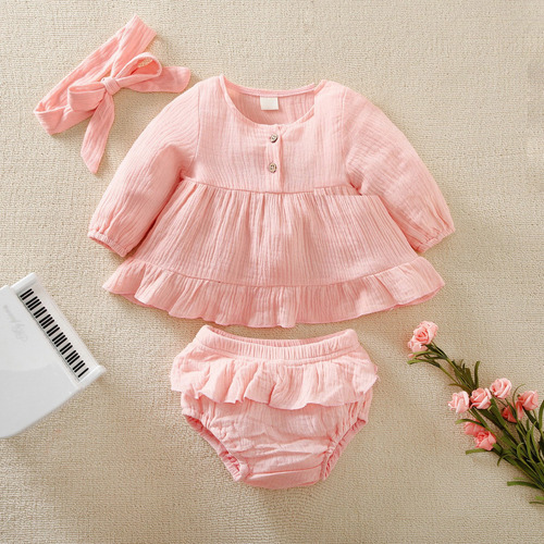 Conjunto Rosa De 3 Piezas De Algodón Con Diadema Para Bebé