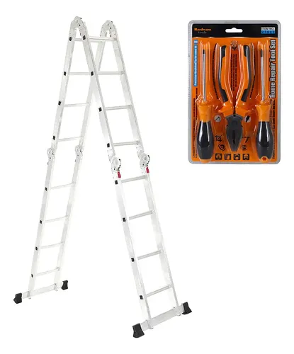 Escalera De Aluminio 16 Escalones 4x4 + Set De Herramientas De Regalo Articulada Multiproposito Gardenlife Gris