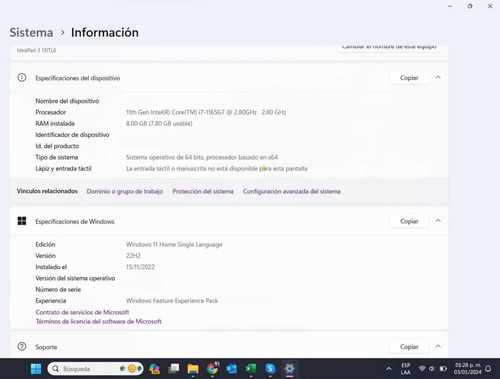 Lapto Lenovo Ideapad 3 15 Corel I7, 8gb Ram Ssd 512gb (Usado)