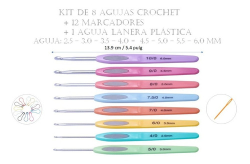 Kit 8 Agujas Crochet + 12 Marcadores + 1 Aguja Lanera Pl