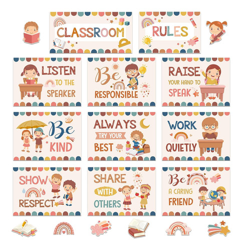 43 Pcs Classroom Rules Posters Boho Class Rules  In Boa...