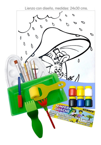 Pinturas Acrilex Para Niños Y Lienzo Con Diseño.