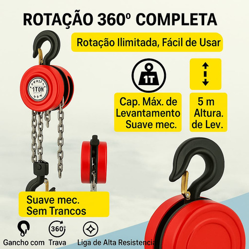 Talha Manual 1 Tonelada 1000 Kg Com Corrente Aço 5 Mt